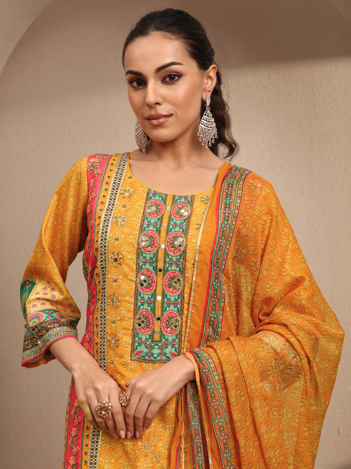 Multi Printed Silk blend Straight Suit Set With Dupatta