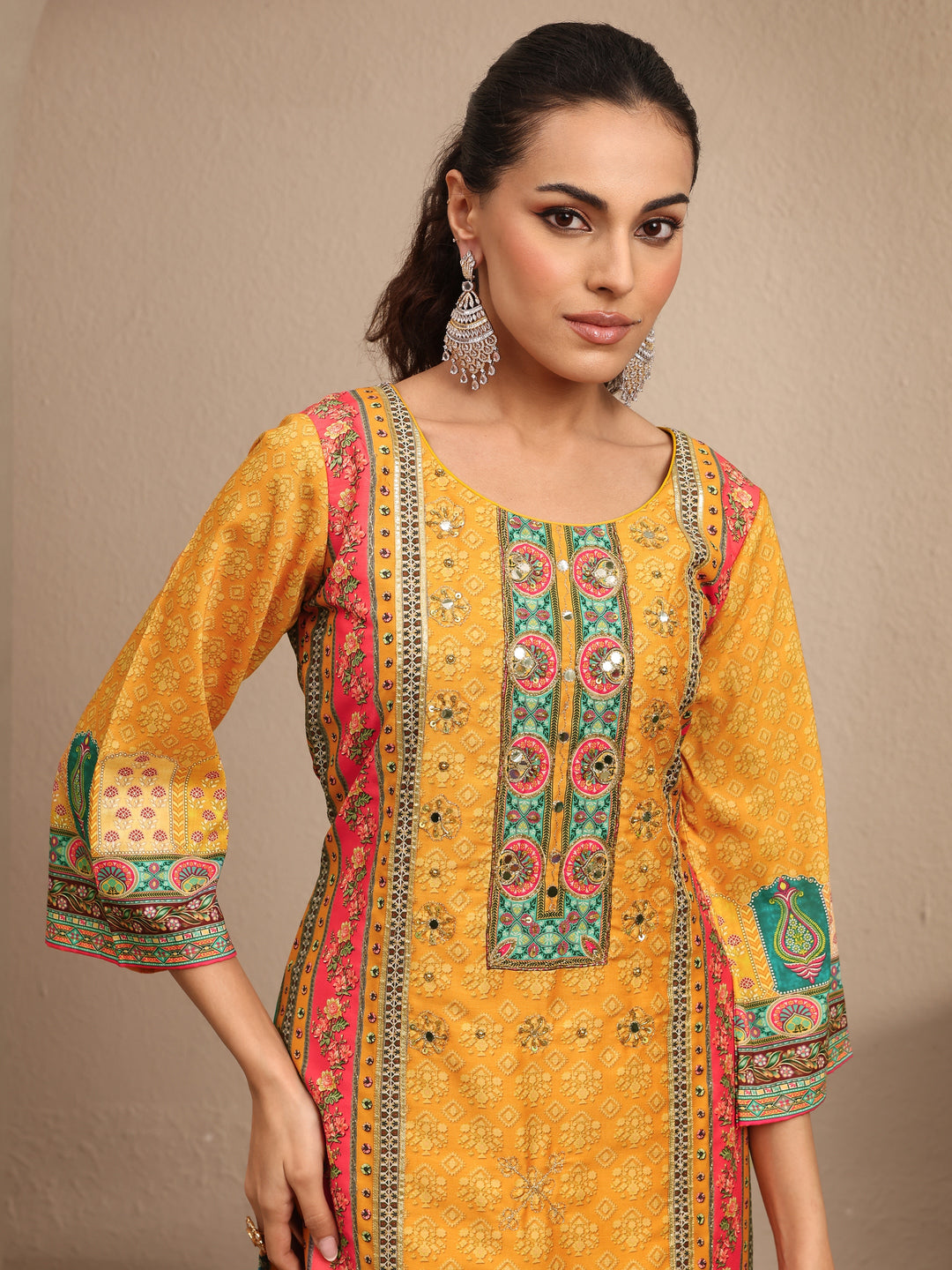 Multi Printed Silk blend Straight Suit Set With Dupatta
