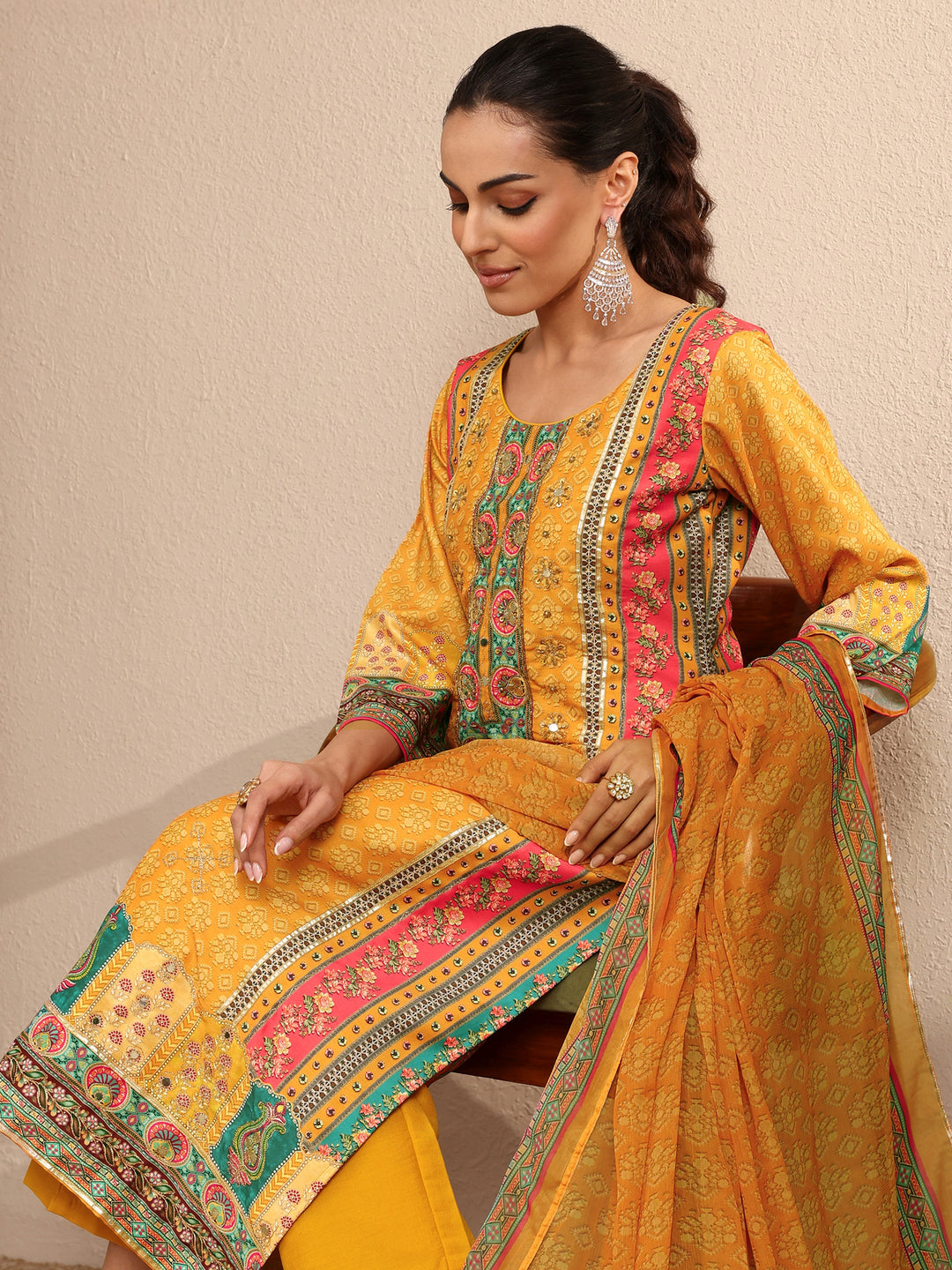 Multi Printed Silk blend Straight Suit Set With Dupatta