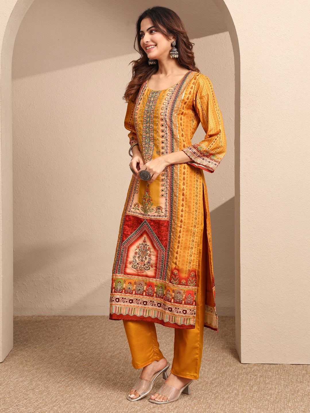 Multi Printed Silk Blend Straight Suit Set With Dupatta