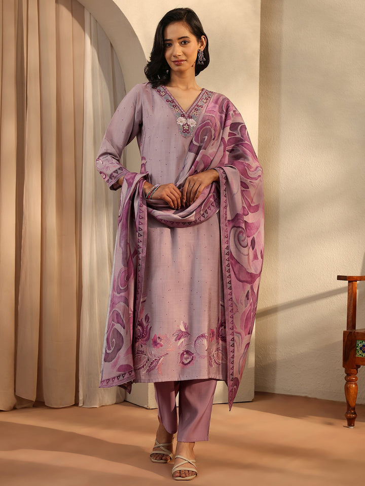 Mauve Printed Silk Blend Straight Suit Set With Dupatta
