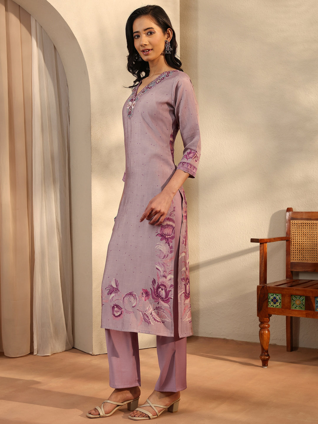 Mauve Printed Silk Blend Straight Suit Set With Dupatta