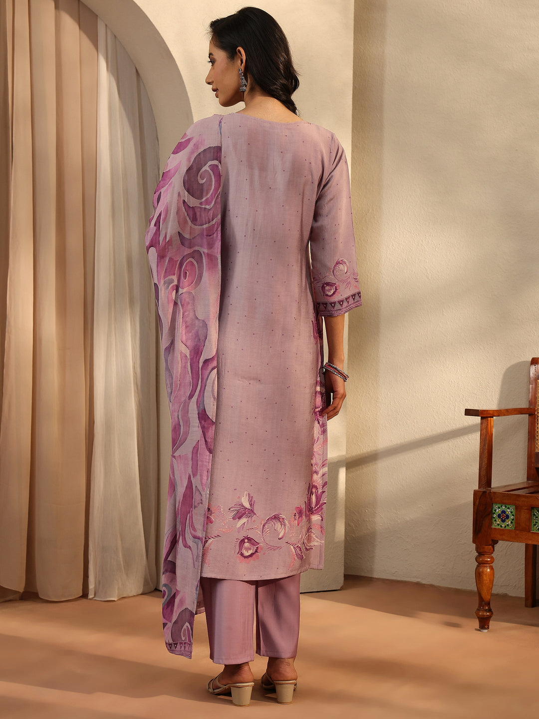 Mauve Printed Silk Blend Straight Suit Set With Dupatta