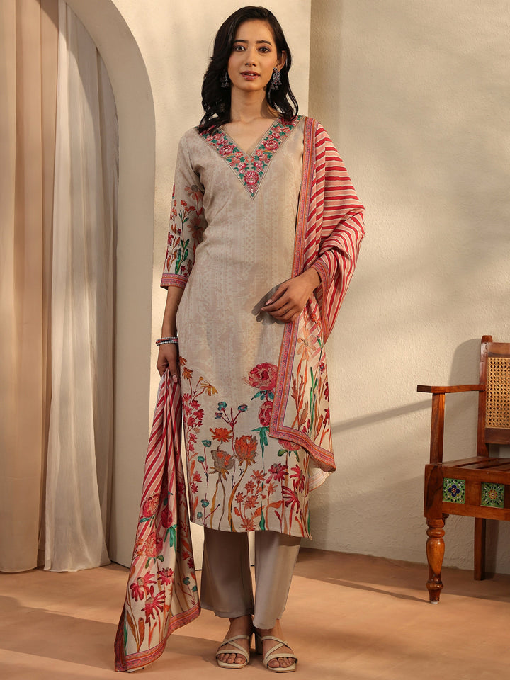 Beige Printed Silk Blend Straight Suit Set With Dupatta