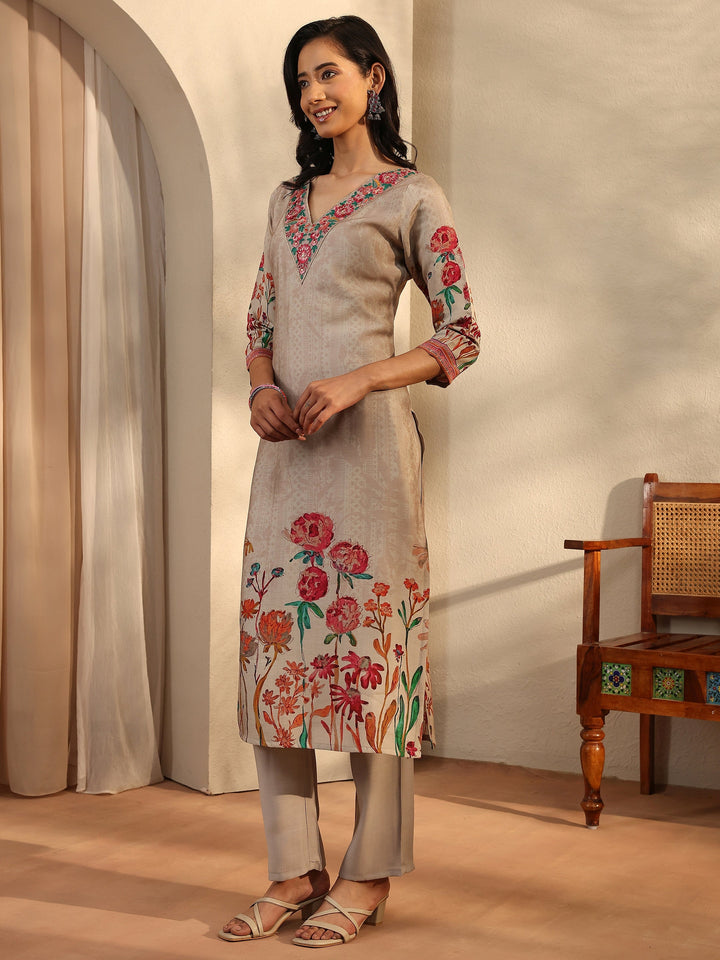 Beige Printed Silk Blend Straight Suit Set With Dupatta