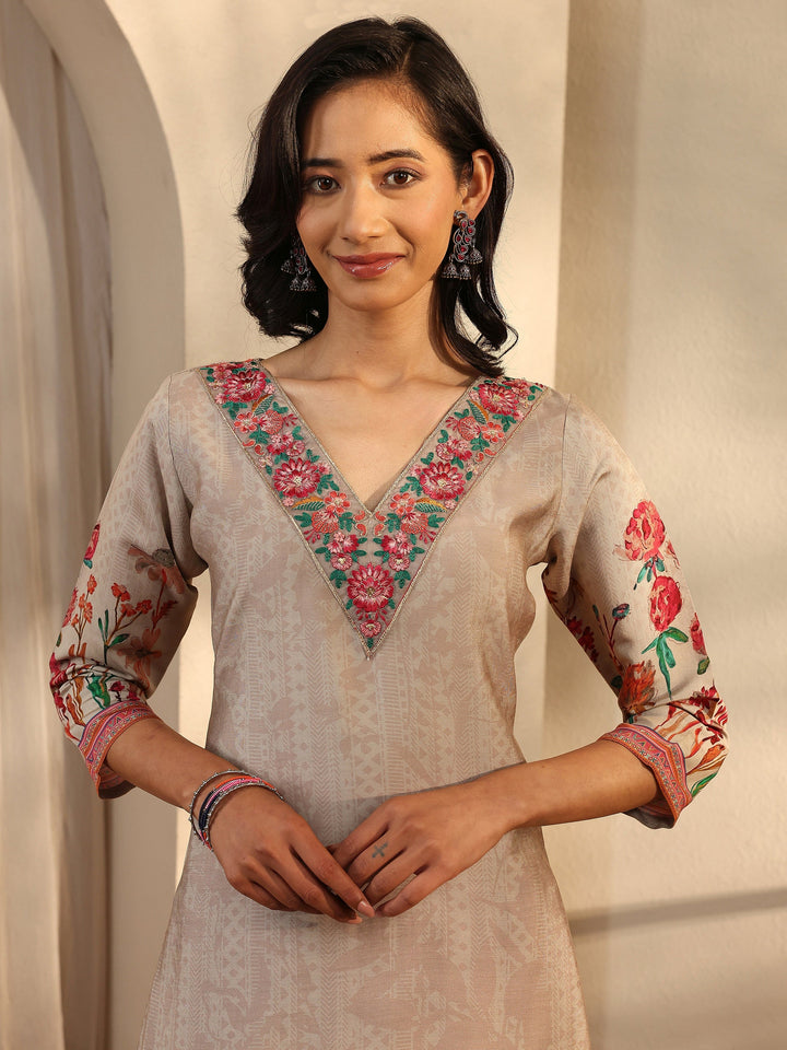 Beige Printed Silk Blend Straight Suit Set With Dupatta