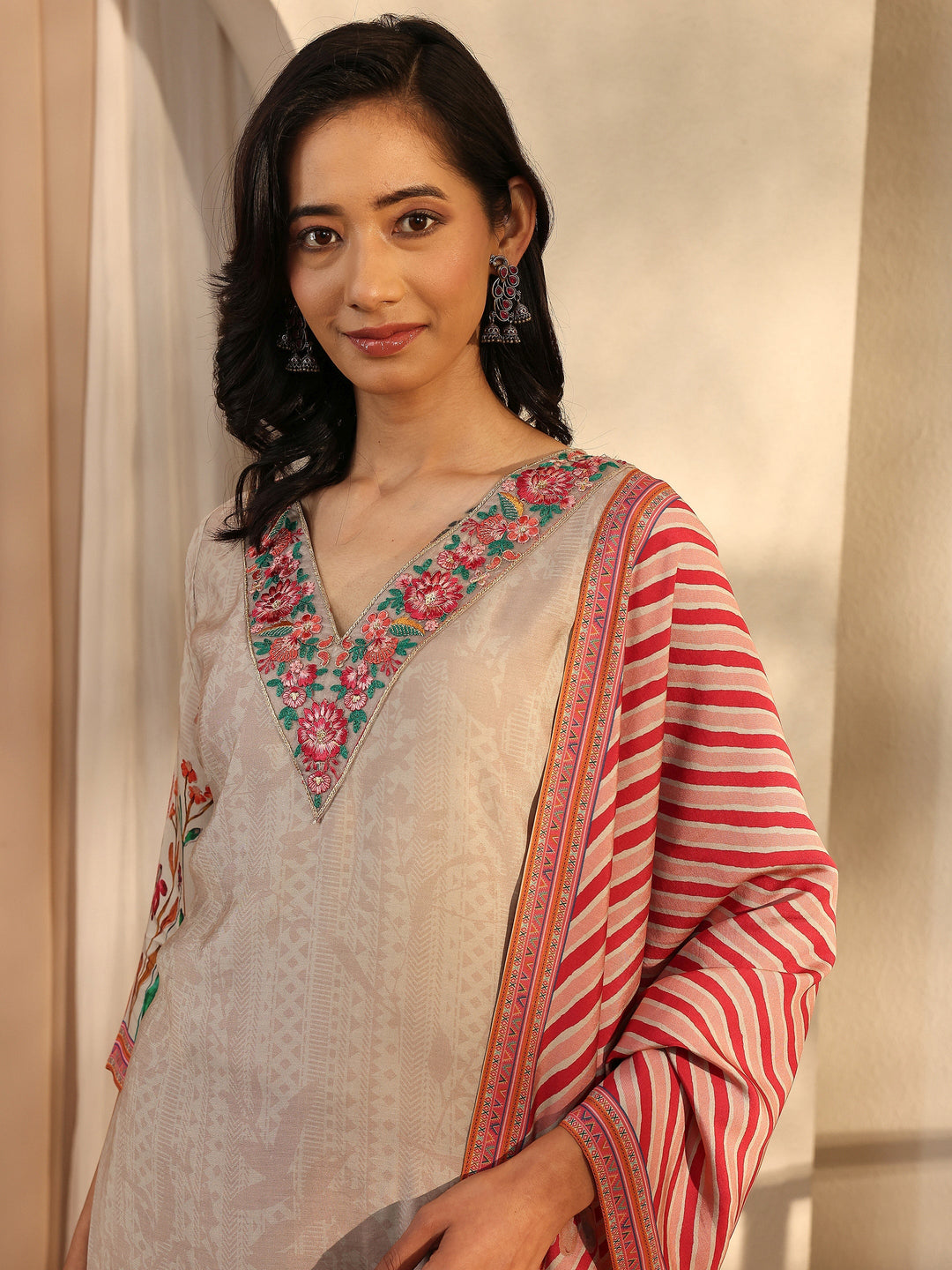 Beige Printed Silk Blend Straight Suit Set With Dupatta