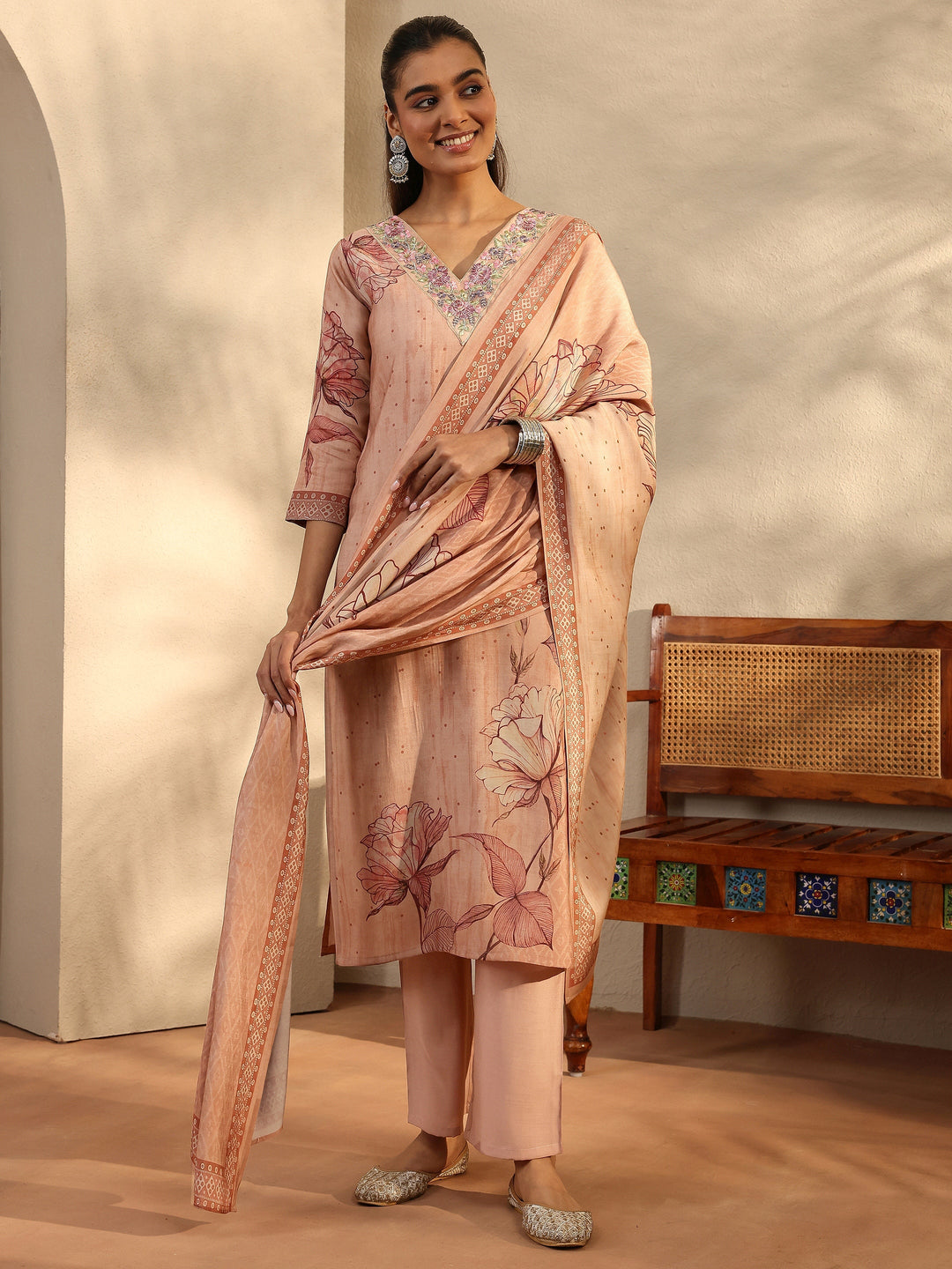 Peach Printed Silk Blend Straight Suit Set With Dupatta