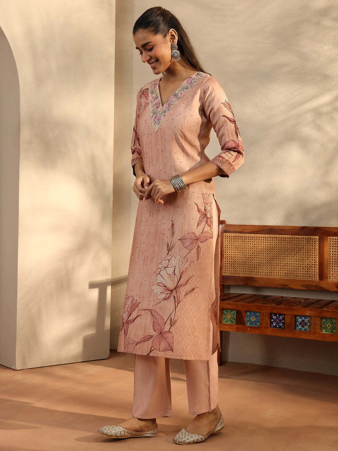 Peach Printed Silk Blend Straight Suit Set With Dupatta