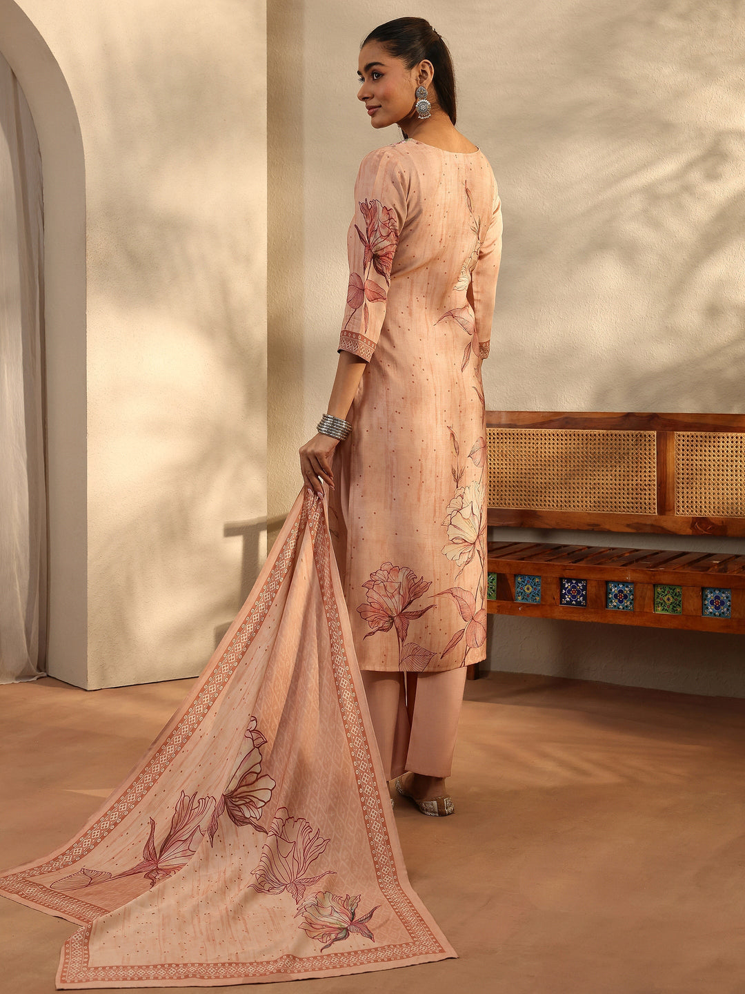 Peach Printed Silk Blend Straight Suit Set With Dupatta