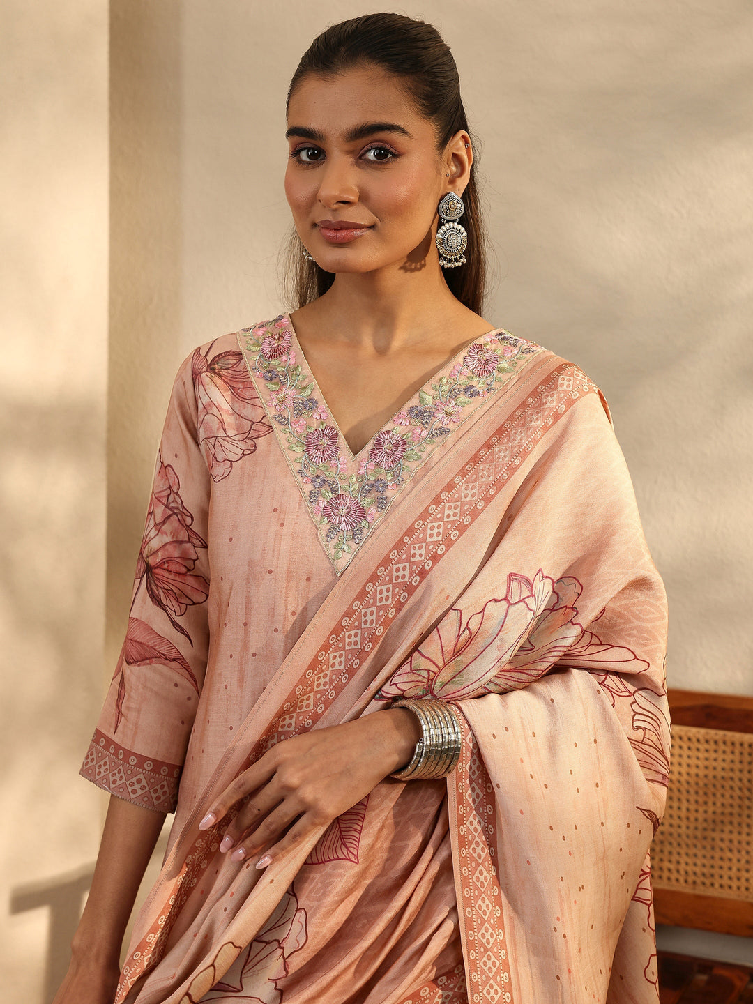 Peach Printed Silk Blend Straight Suit Set With Dupatta