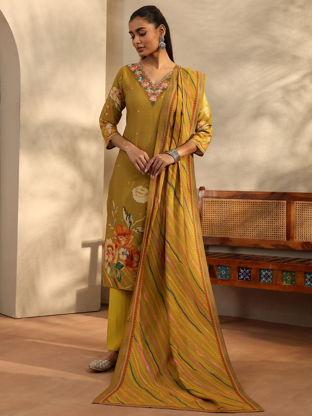 Mustard Printed Silk Blend Straight Suit Set With Dupatta