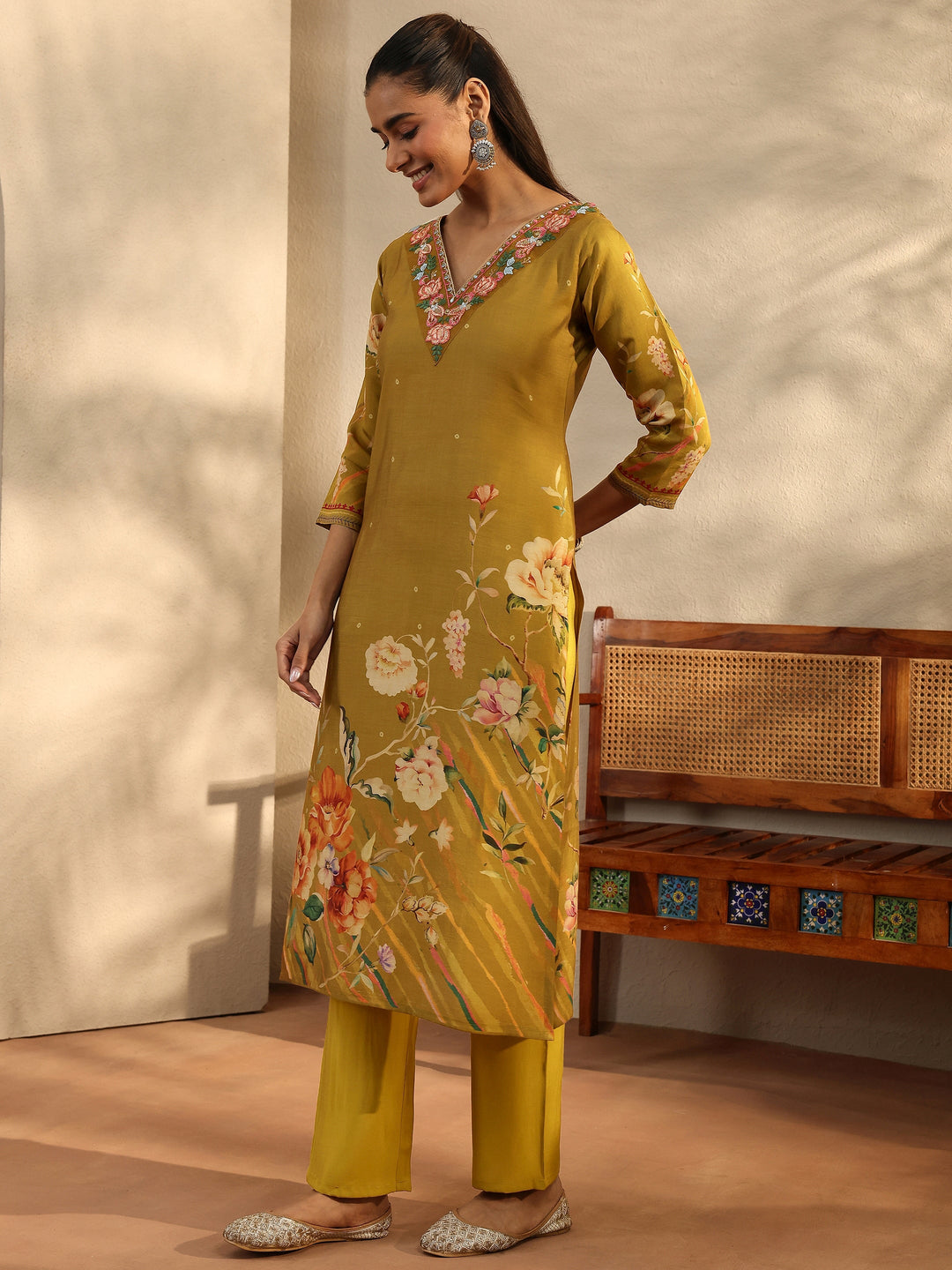 Mustard Printed Silk Blend Straight Suit Set With Dupatta