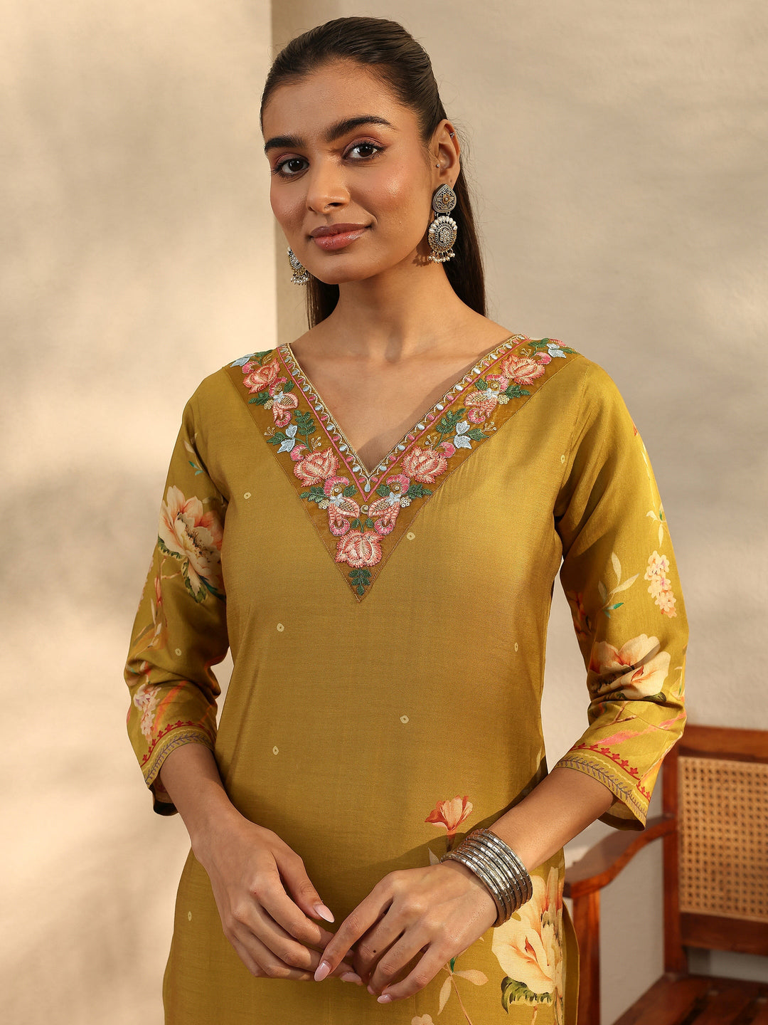 Mustard Printed Silk Blend Straight Suit Set With Dupatta