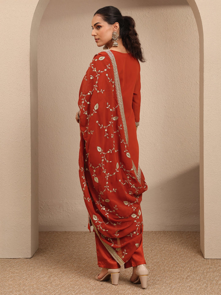 Orange Embroidered Georgette Straight Suit Set With Dupatta