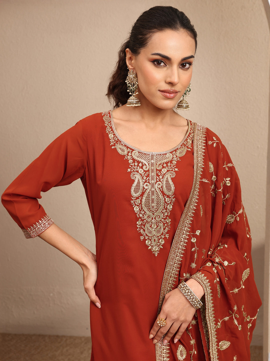 Orange Embroidered Georgette Straight Suit Set With Dupatta