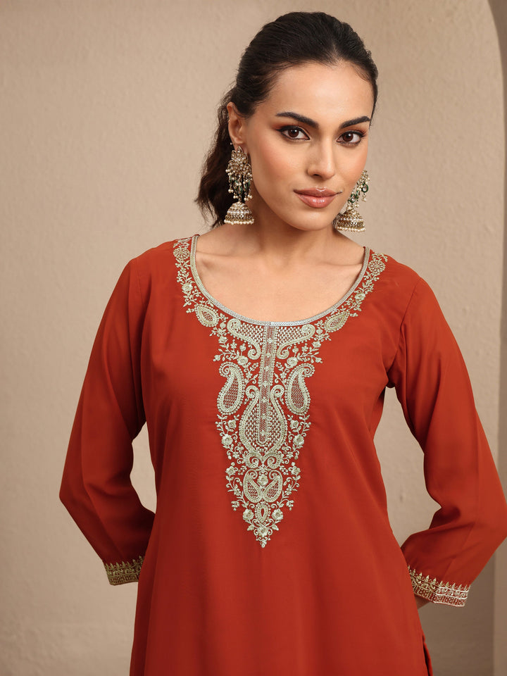 Orange Embroidered Georgette Straight Suit Set With Dupatta