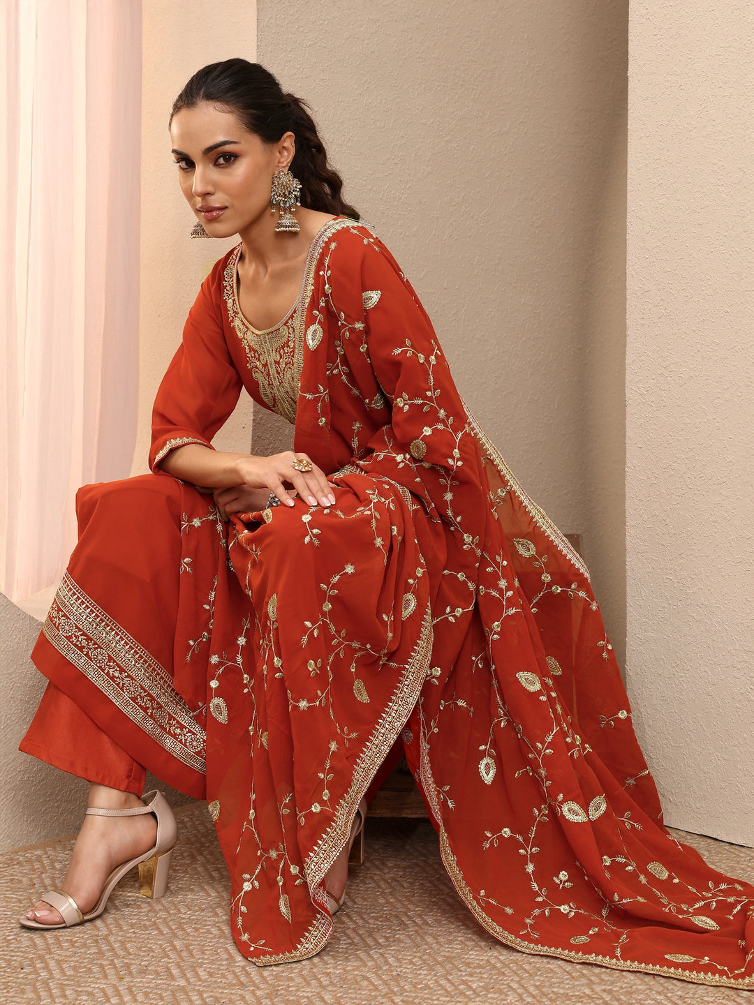 Orange Embroidered Georgette Straight Suit Set With Dupatta