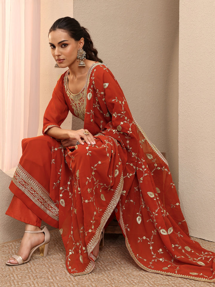 Orange Embroidered Georgette Straight Suit Set With Dupatta