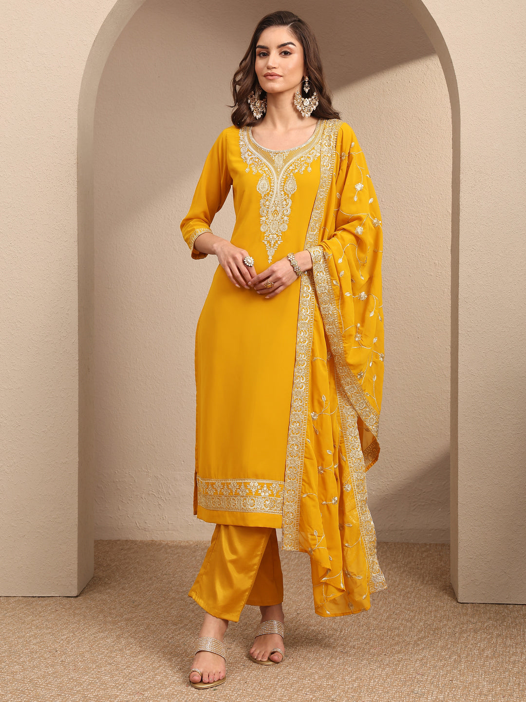Yellow Embroidered Georgette Straight Suit Set With Dupatta
