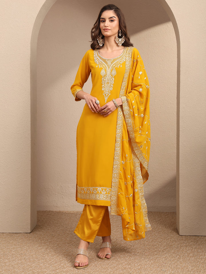 Yellow Embroidered Georgette Straight Suit Set With Dupatta