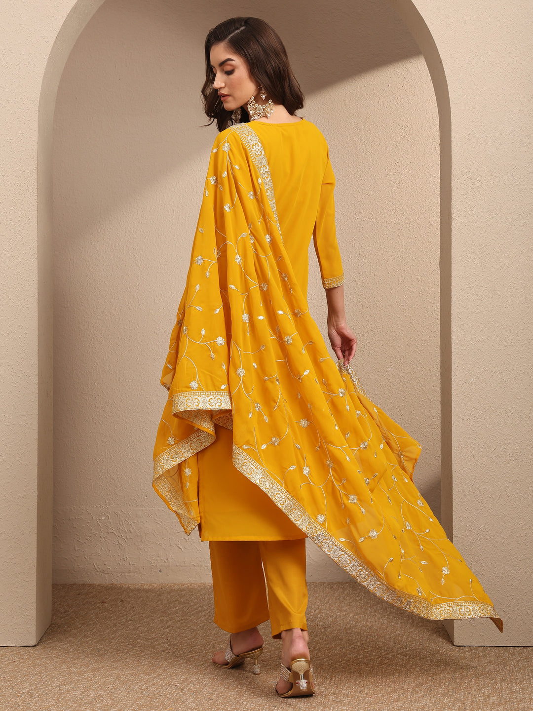 Yellow Embroidered Georgette Straight Suit Set With Dupatta