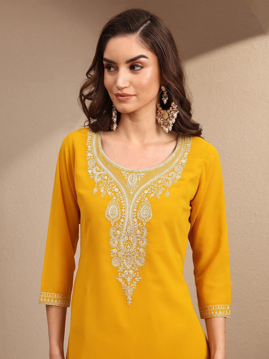Yellow Embroidered Georgette Straight Suit Set With Dupatta