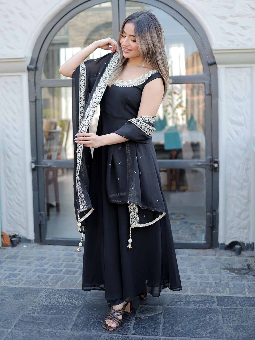 Black Embroidered Georgette Anarkali Suit Set With Dupatta