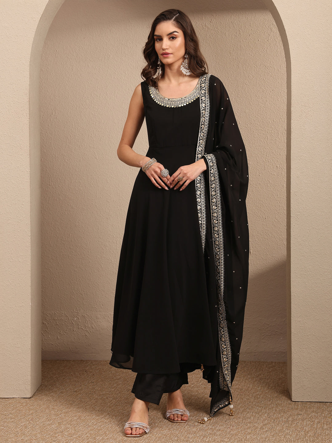 Black Embroidered Georgette Anarkali Suit Set With Dupatta