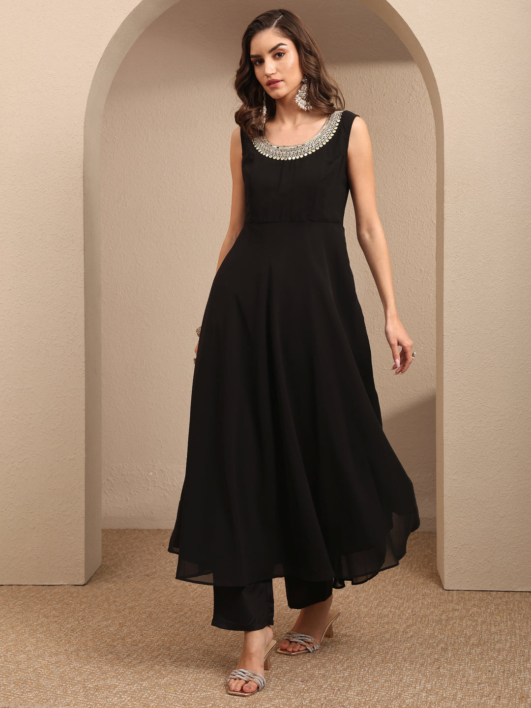 Black Embroidered Georgette Anarkali Suit Set With Dupatta