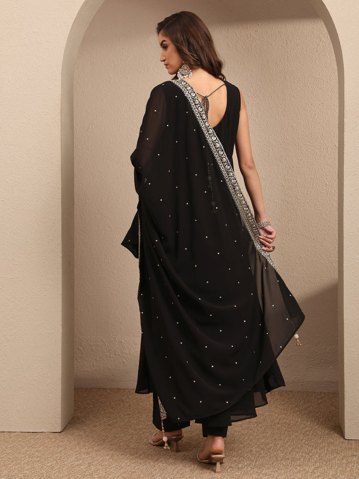 Black Embroidered Georgette Anarkali Suit Set With Dupatta