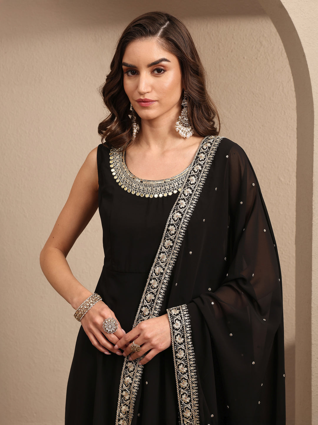 Black Embroidered Georgette Anarkali Suit Set With Dupatta