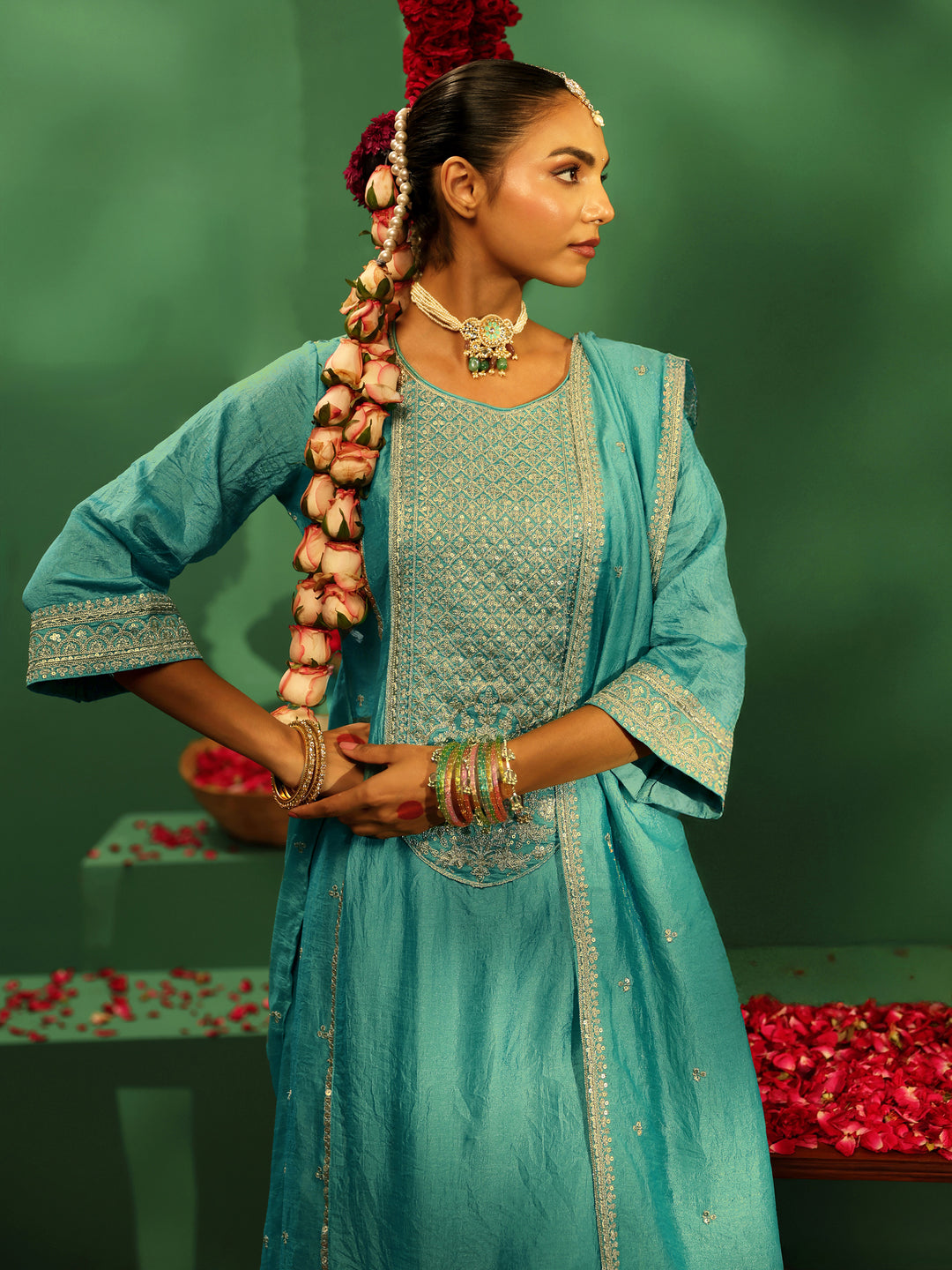 Libas Sea Green Embroidered Silk Blend Straight Suit Set With Dupatta