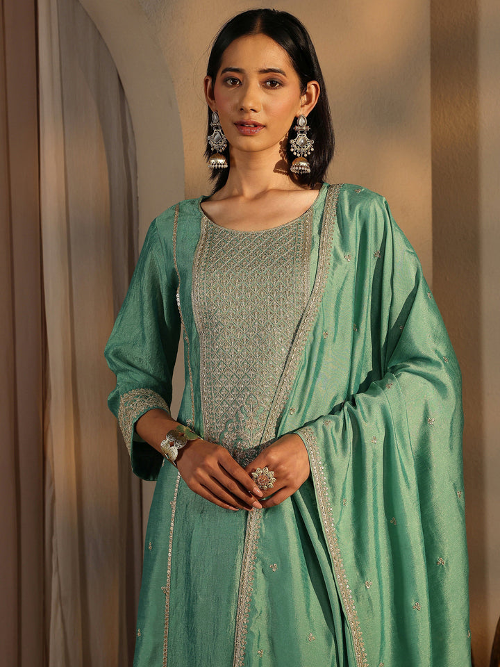 Sea Green Embroidered Silk Blend Straight Suit Set With Dupatta