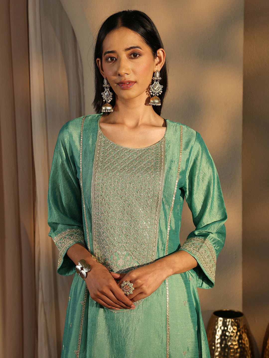 Sea Green Embroidered Silk Blend Straight Suit Set With Dupatta