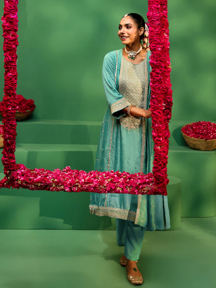 Libas Sea Green Embroidered Silk Blend Straight Suit Set With Dupatta