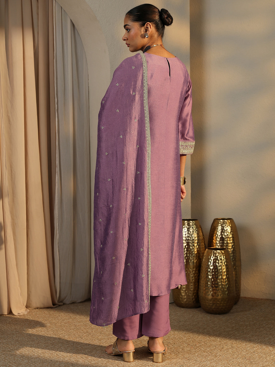 Lavender Embroidered Silk Blend Straight Suit Set With Dupatta