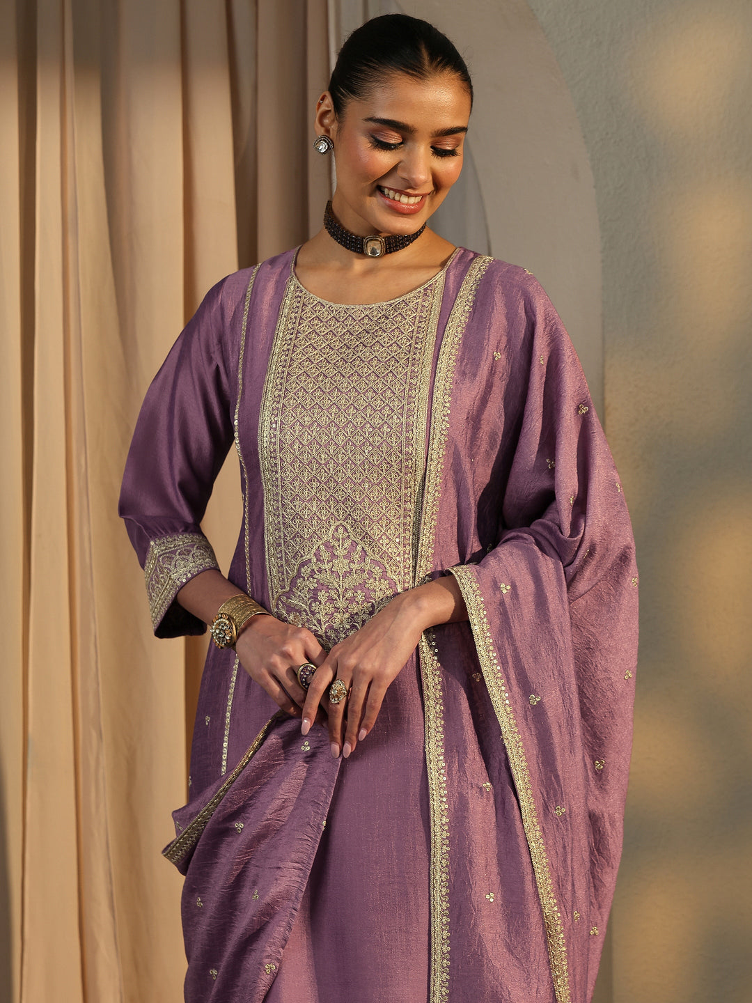 Lavender Embroidered Silk Blend Straight Suit Set With Dupatta