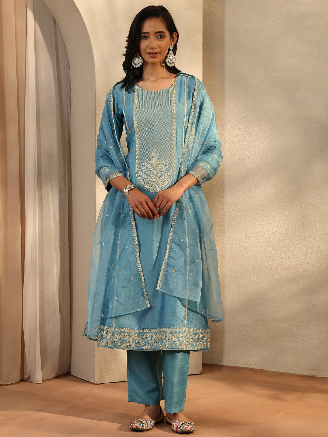 Blue Embroidered Silk Blend Straight Suit Set With Dupatta