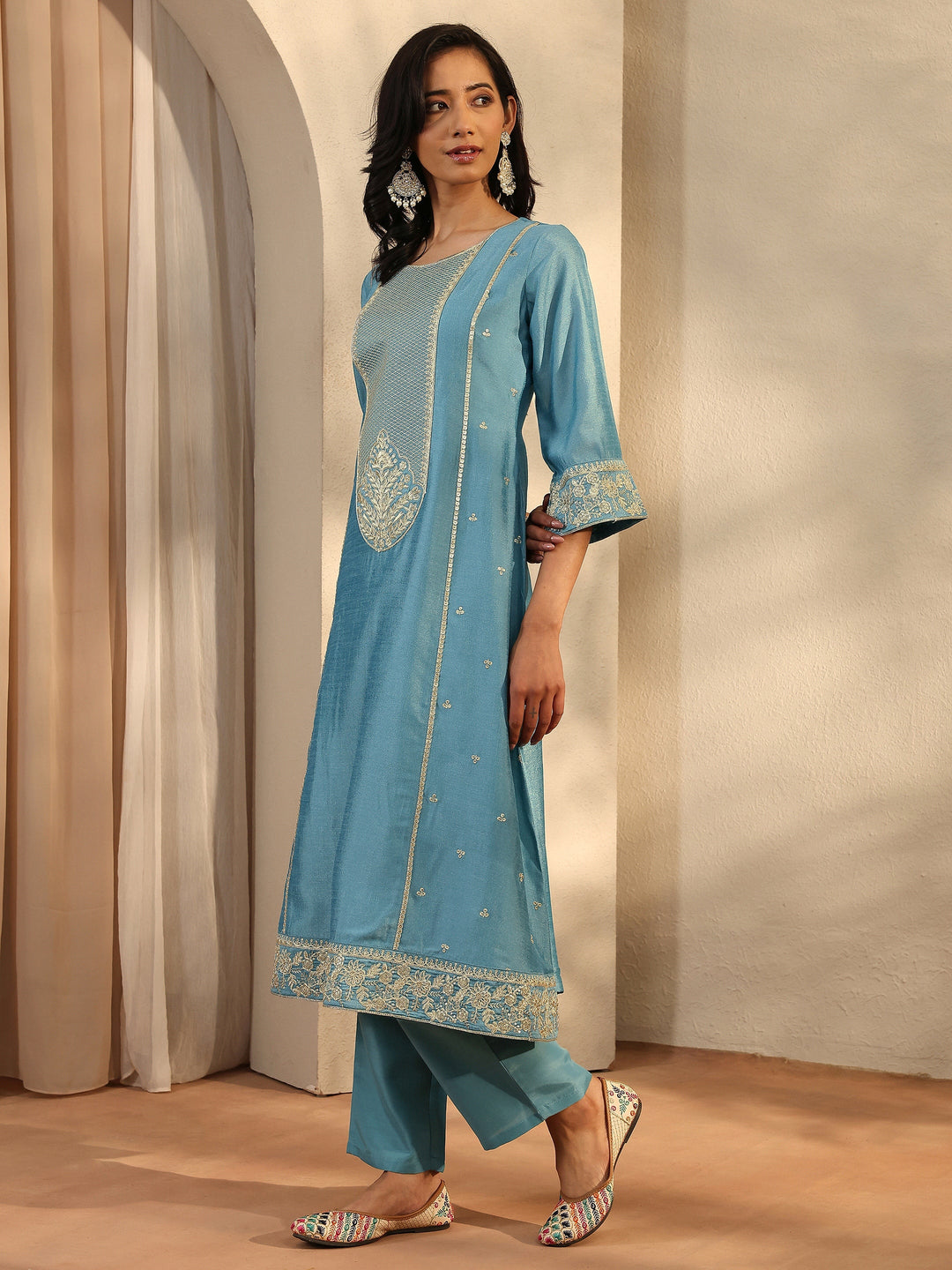Blue Embroidered Silk Blend Straight Suit Set With Dupatta
