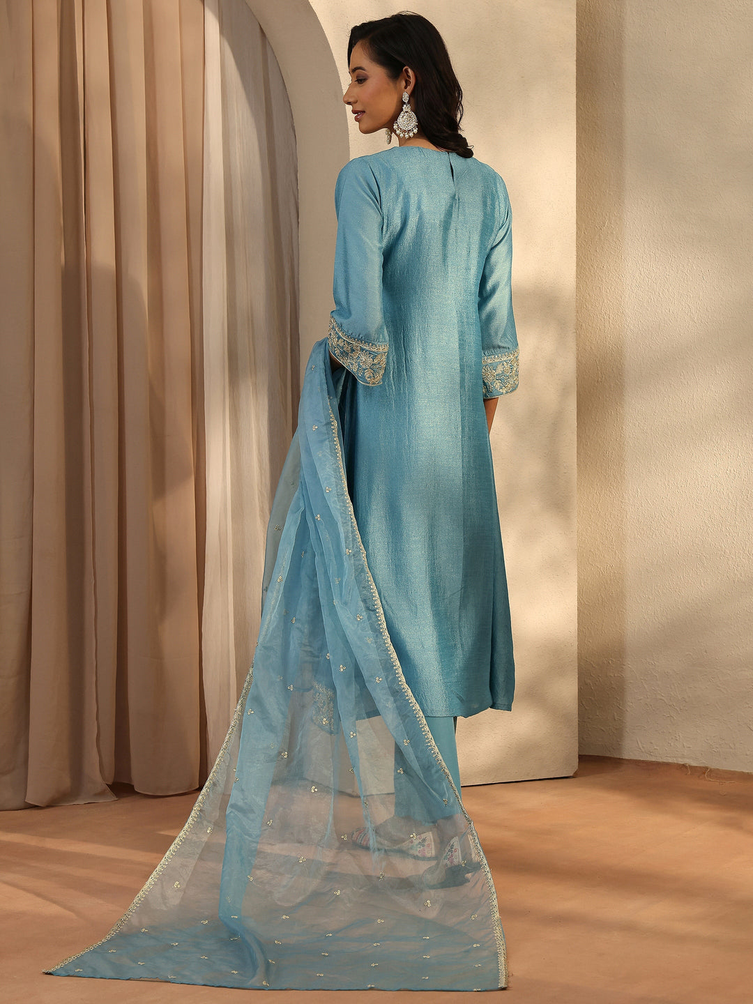 Blue Embroidered Silk Blend Straight Suit Set With Dupatta