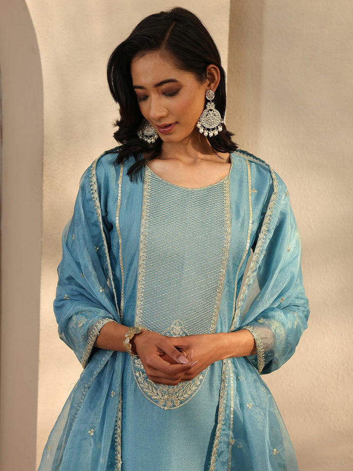 Blue Embroidered Silk Blend Straight Suit Set With Dupatta