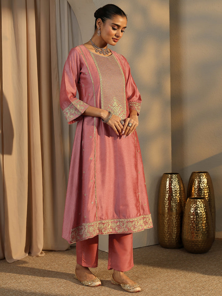 Peach Embroidered Silk Blend Straight Suit Set With Dupatta