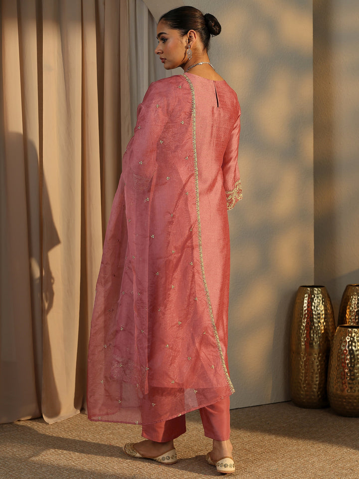 Peach Embroidered Silk Blend Straight Suit Set With Dupatta
