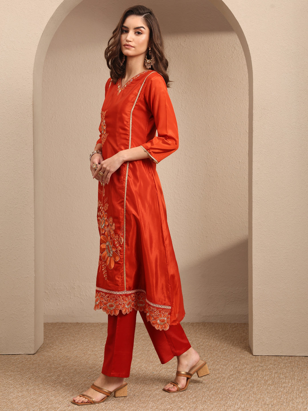 Orange Embroidered Crepe A-line Suit Set With Dupatta