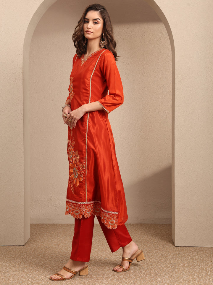Orange Embroidered Crepe A-line Suit Set With Dupatta
