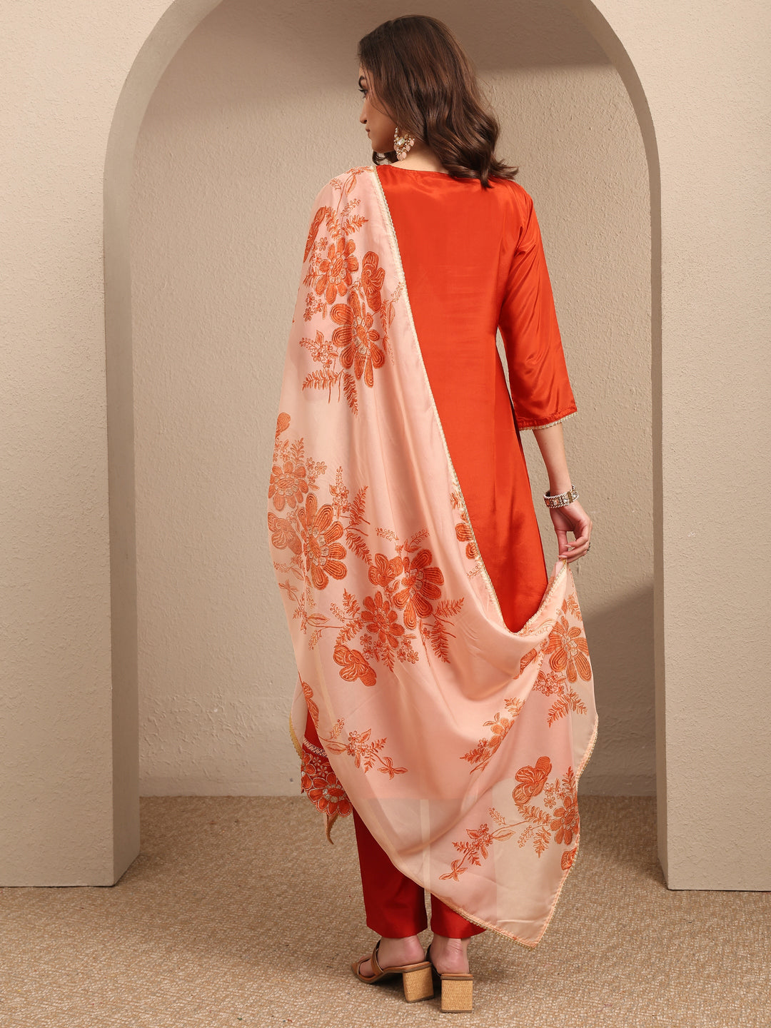 Orange Embroidered Crepe A-line Suit Set With Dupatta