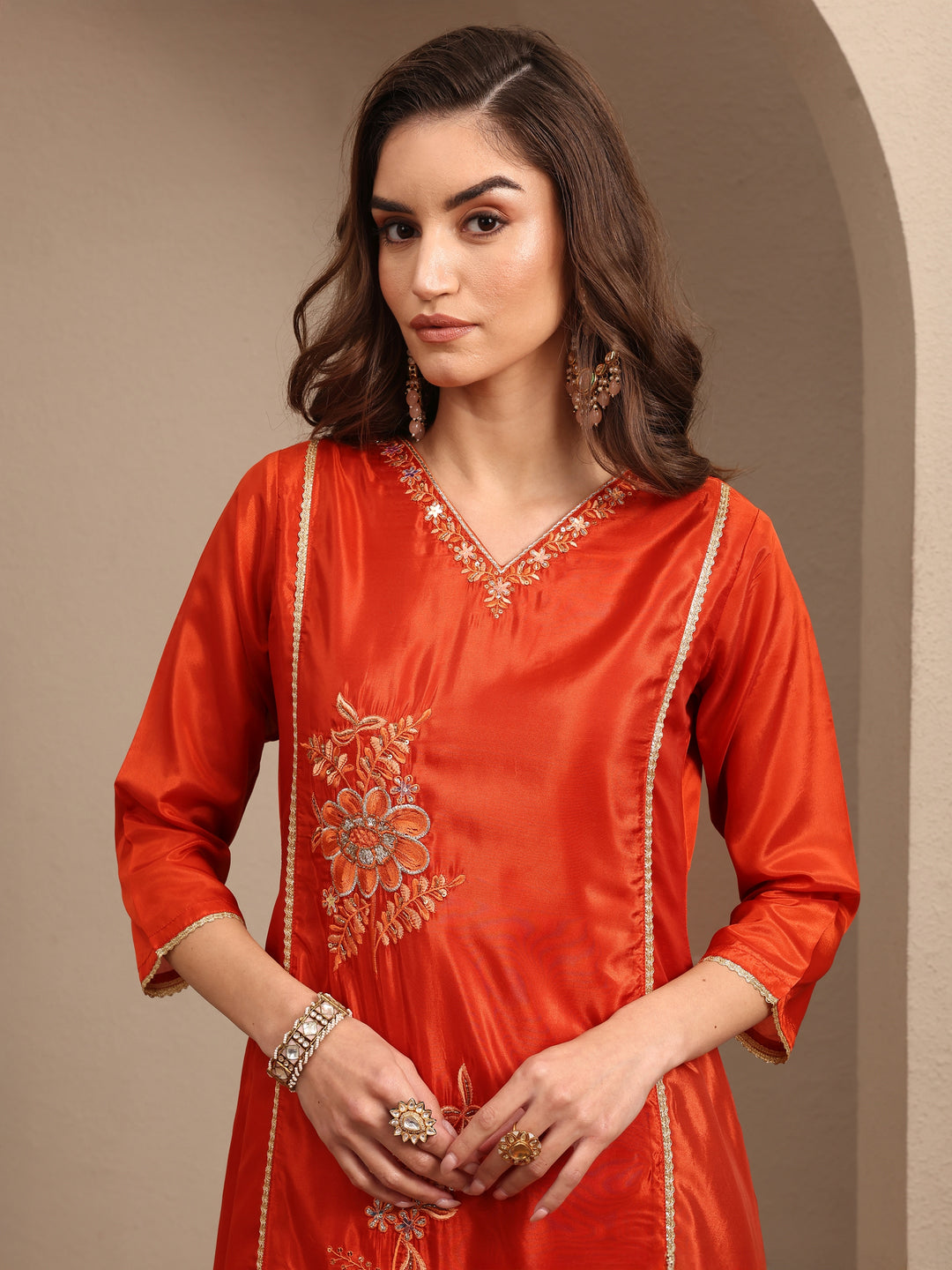 Orange Embroidered Crepe A-line Suit Set With Dupatta