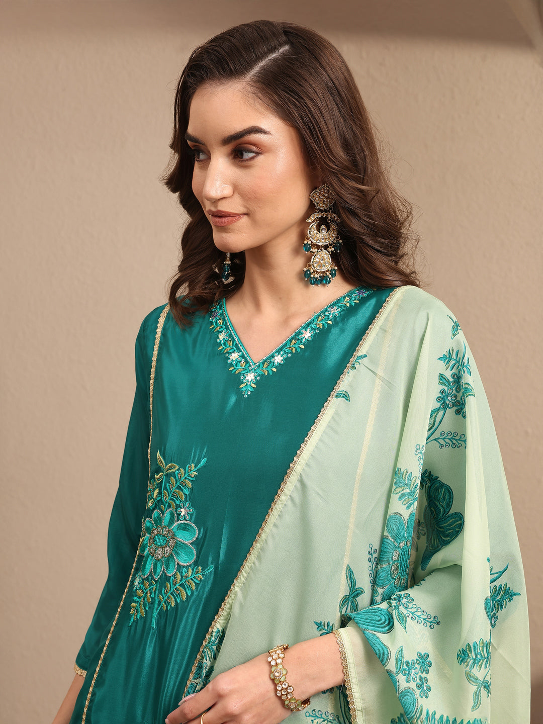 Green Embroidered Crepe A-line Suit Set With Dupatta