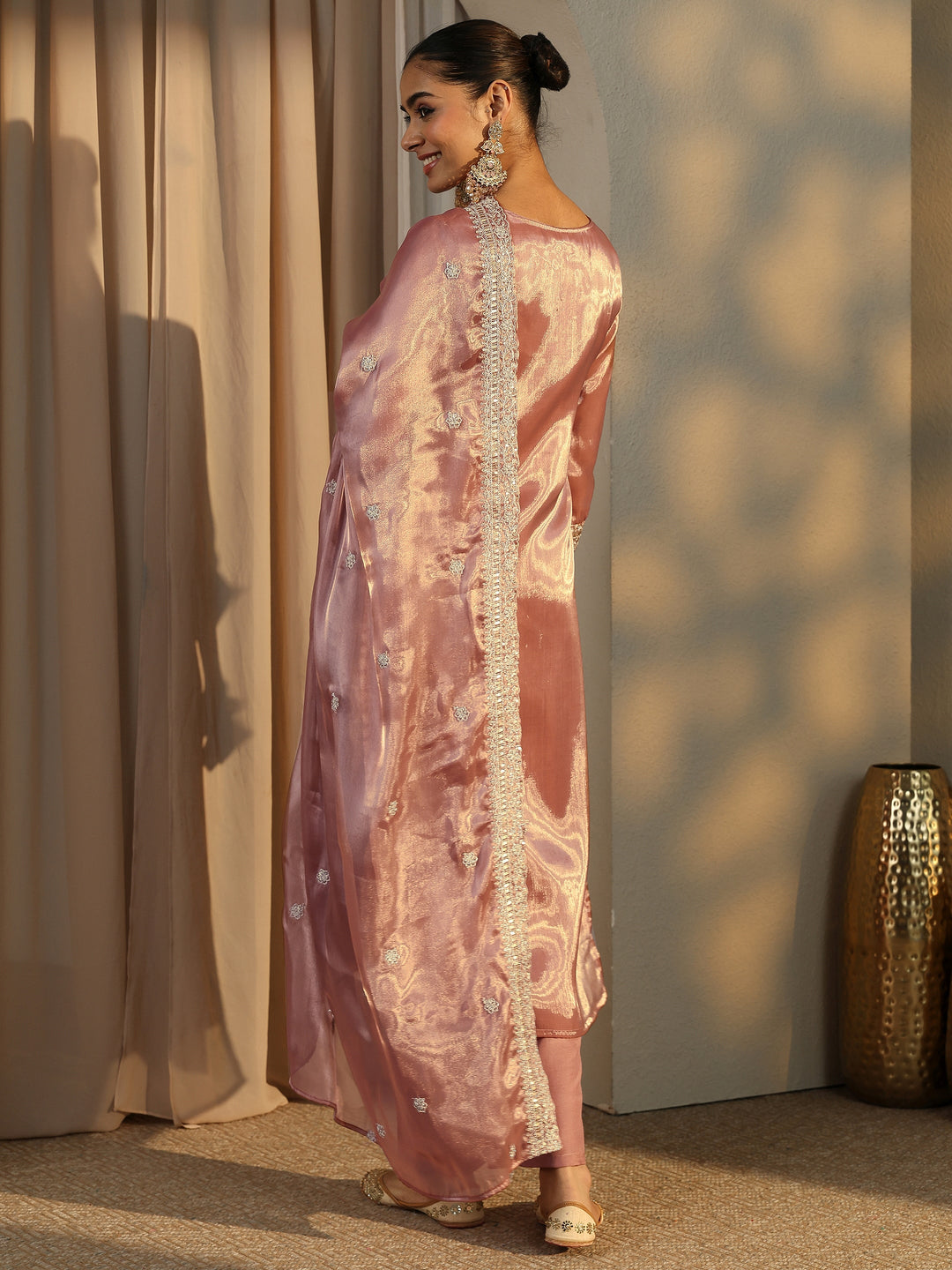 Pink Embroidered Organza Straight Suit Set With Dupatta